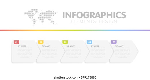 Business infographics template. Timeline with 5 arrow steps, five number options. Vector element.