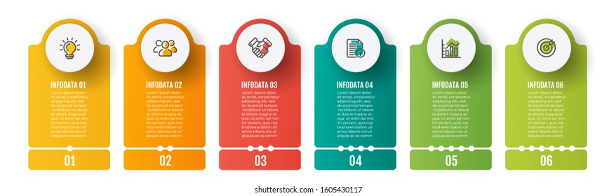 Business infographics template. Timeline with 6 steps, label and marketing icons. Vector illustration.