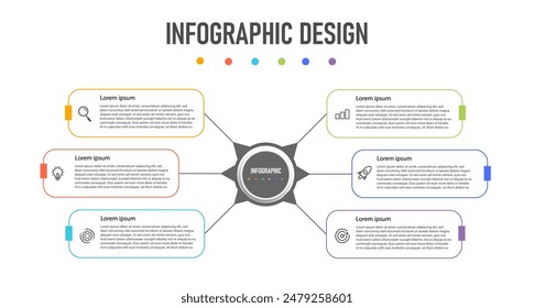 Vorlage geschäftlicher Infografiken. Zeitachse mit 6 Schritten, Optionen. Kann für Workflowdiagramm, Infodiagramm, Webdesign. Vektorillustration verwendet werden.