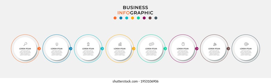 Plantilla de infografías empresariales. Línea de tiempo con 8 pasos, opciones e íconos de marketing .Vector infografía lineal con dos elementos de círculo conectados. Se puede usar para la presentación.