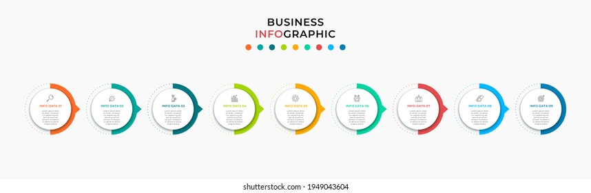 Business Infographics template. Timeline with 9 steps, options and marketing icons .Vector linear infographic with two circle conected elements. Can be use for presentation.