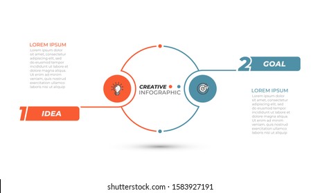 Business infographics template. Visualization design layout with circle and marketing icon. Vector with 2 steps, options.