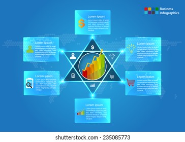  Business Infographics Template, World Map on Abstract Blue Background, Dialog Box Glass and Business Icons with Graph/Chart Icons, 6 Options, Vector Illustration Template Design.