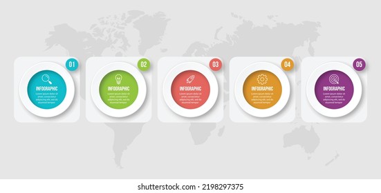 Plantillas de infografías empresariales con 5 pasos, opciones de círculos e iconos de marketing elementos infográficos lineales vectoriales