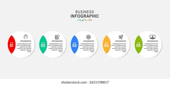 Business Infographics template.Timeline with 5 steps, circles, options and marketing icons. Vector linear infographic elements.