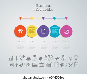 Business infographics. Infographics for text. Informative board in five areas. The set includes twenty-five icons. Template on the topic of business. 