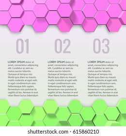 Business infographics with text numbered steps pink and green 3d hexagons on white background vector illustration