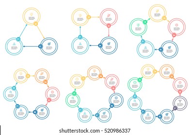 Business infographics. Thin line infographic elements with 3, 4, 5, 6, 7, 8 steps, options, sections. Vector pie charts.