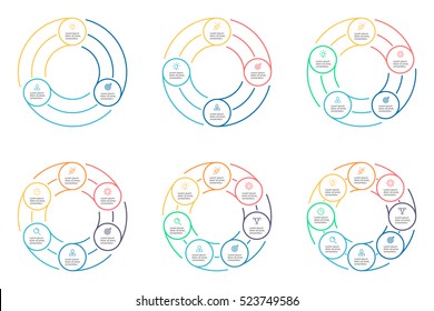 Business infographics. Thin line infographic elements with 3, 4, 5, 6, 7, 8 steps, options, circles. Vector pie charts.