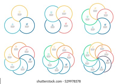 Business infographics. Thin line infographic elements with 3, 4, 5, 6, 7, 8 steps, circles, rings. Vector pie charts.