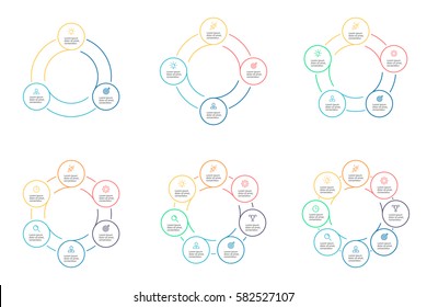 Business infographics. Thin line infographic elements with 3, 4, 5, 6, 7, 8 steps, circles, rings. Vector pie charts.