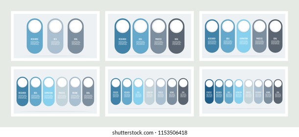 Business infographics. Timeline with 3, 4, 5, 6, 7, 8 steps, options. Vector template. 