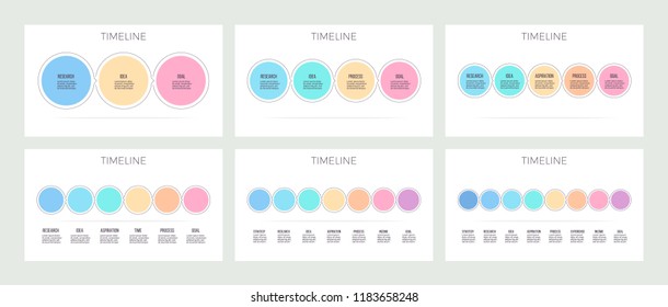 Business infographics. Timeline with 3, 4, 5, 6, 7, 8 options, circles, steps. Vector templates. Editable line.