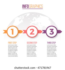 Business infographics. Timeline with 3 steps, arrows. Vector design template.