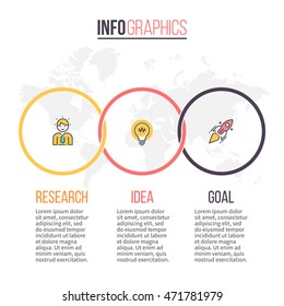 Business infographics. Timeline with 3 steps, circles, rings. Vector design template.