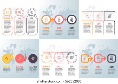 Business infographics. Timeline with 3 steps, arrows, sections. Vector pie charts.