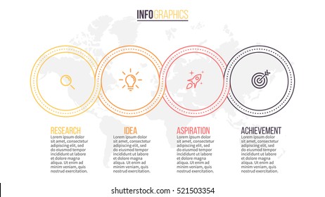 Business infographics. Timeline with 4 circles, rings. Vector linear infographic element.