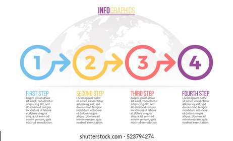 Business infographics. Timeline with 4 circles, steps, number options. Vector infographic element.