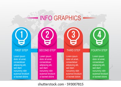 Business infographics. Timeline with 4 circles, steps,ide, number options. Vector infographic element.