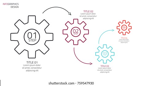 Business infographics. Timeline with 4 cogs design processes, options, number options. Vector illustration