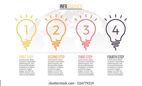 Business infographics. Timeline with 4 lightbulbs, ideas, steps. Vector linear infographic element.