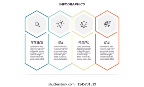 Business infographics. Timeline with 4 steps, hexagons, options. Vector template. Editable line.