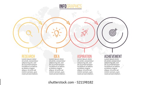 Business infographics. Timeline with 4 steps, circles, rings. Vector linear infographic element.