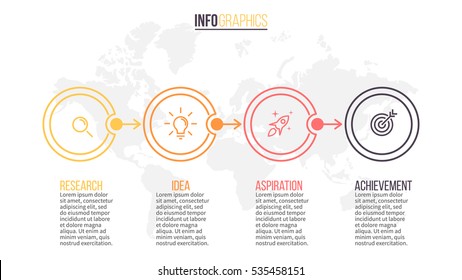 Business infographics. Timeline with 4 steps, circles, arrows. Vector linear infographic element.