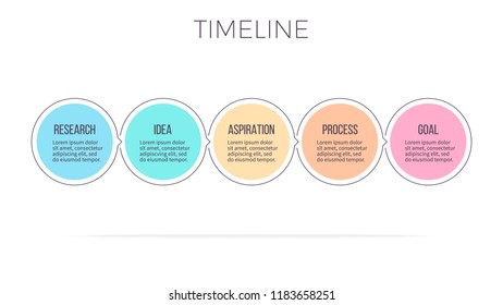 Business infographics. Timeline with 5 options, circles, steps. Vector template. Editable line.