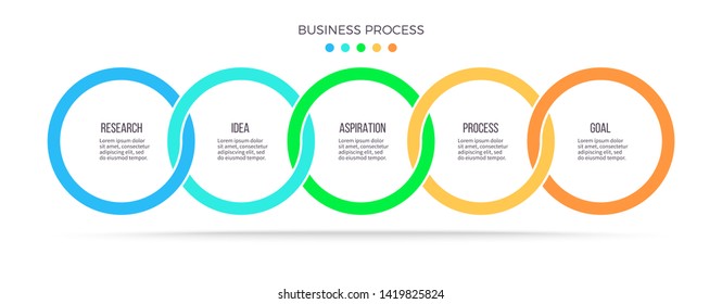 Business infographics. Timeline with 5 steps, circles, options. Vector infographic element. 