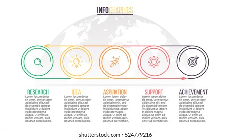 Business infographics. Timeline with 5 steps, circles, rings. Vector linear infographic element.