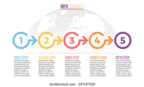 Business infographics. Timeline with 5 steps, circles, arrows. 