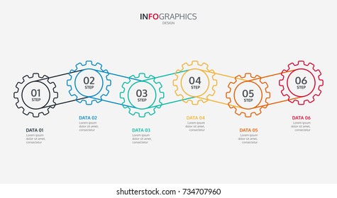 Business infographics. Timeline with 6 cogs design, options, number options. Vector illustration.