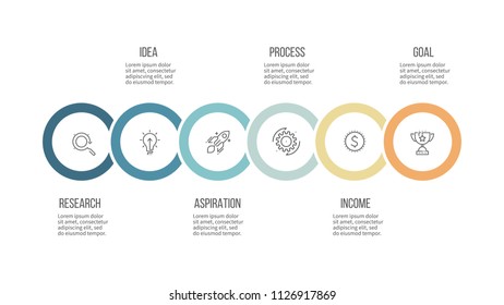 Business infographics. Timeline infographics with 6 options, circles. Vector template.