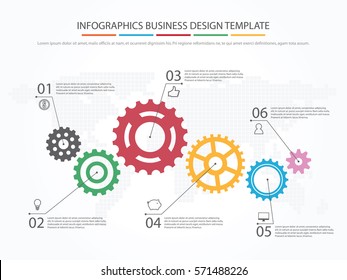 Business infographics. Timeline with 6 steps, gears, cogwheels.