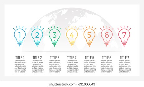 Business infographics. Timeline with 7 light bulbs, ideas, steps. Vector thin line infographic element.