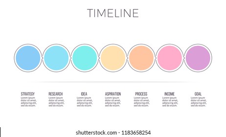 Business infographics. Timeline with 7 options, circles, steps. Vector template. Editable line.
