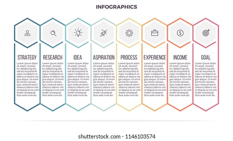 Business infographics. Timeline with 8 steps, hexagons, options. Vector template. Editable line.