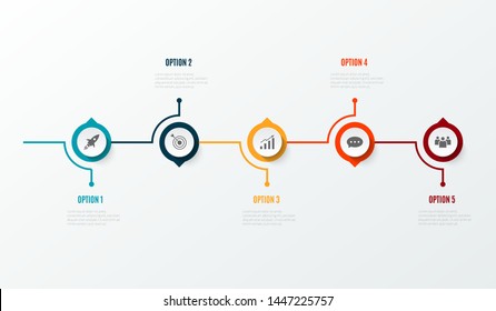 Business infographics timeline design template with icons and 5 steps. Can be used for workflow layout, diagram, annual report, web design