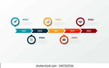 Business infographics timeline design template with icons and 5 steps. Can be used for workflow layout, diagram, annual report, web design