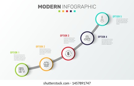 Business infographics timeline design template with icons and 5 steps. Can be used for workflow layout, diagram, annual report, web design