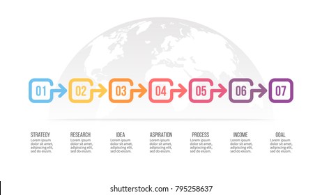 Business infographics. Timeline, diagram, process with 7 options, squares, arrows Vector template.