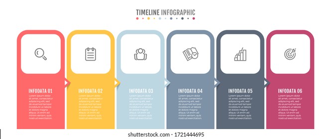 Business infographics. Timeline with icons and 6 steps or options. Process chart template design with arrows. Vector illustration.