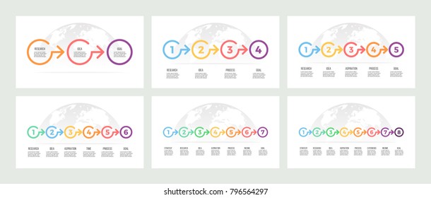 Business infographics. Timelines with 3, 4, 5, 6, 7, 8 options, arrows, circles. Vector templates.
