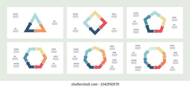 Business infographics. Triangle, square, pentagon, hexagon, heptagon, octagon. Charts with 3, 4, 5, 6, 7, 8 steps, options, arrows. Vector diagram.