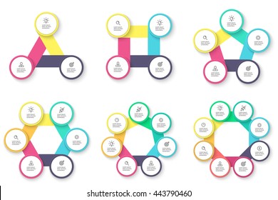 Business infographics. Triangle, square, pentagon, hexagon, heptagon, octagon. Chart, diagram with 3, 4, 5, 6, 7, 8 steps. Vector templates.