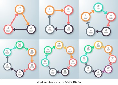 Business infographics. Triangle, square, pentagon, hexagon, heptagon, octagon. Vector pie charts with 3, 4, 5, 6, 7, 8 steps, arrows.