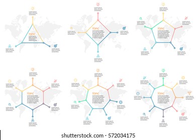 Business infographics. Triangle, square, pentagon, hexagon, heptagon, octagon. Vector outline charts with 3, 4, 5, 6, 7, 8 steps, arrows.