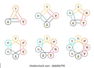 Business infographics. Triangle, square, pentagon, hexagon, heptagon, octagon. Vector pie charts with 3, 4, 5, 6, 7, 8 steps, options.