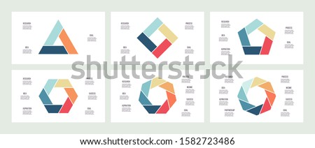 Business infographics. Triangle, square, pentagon, hexagon, heptagon, octagon Charts with 3, 4, 5, 6, 7, 8 steps, options. Vector diagram.